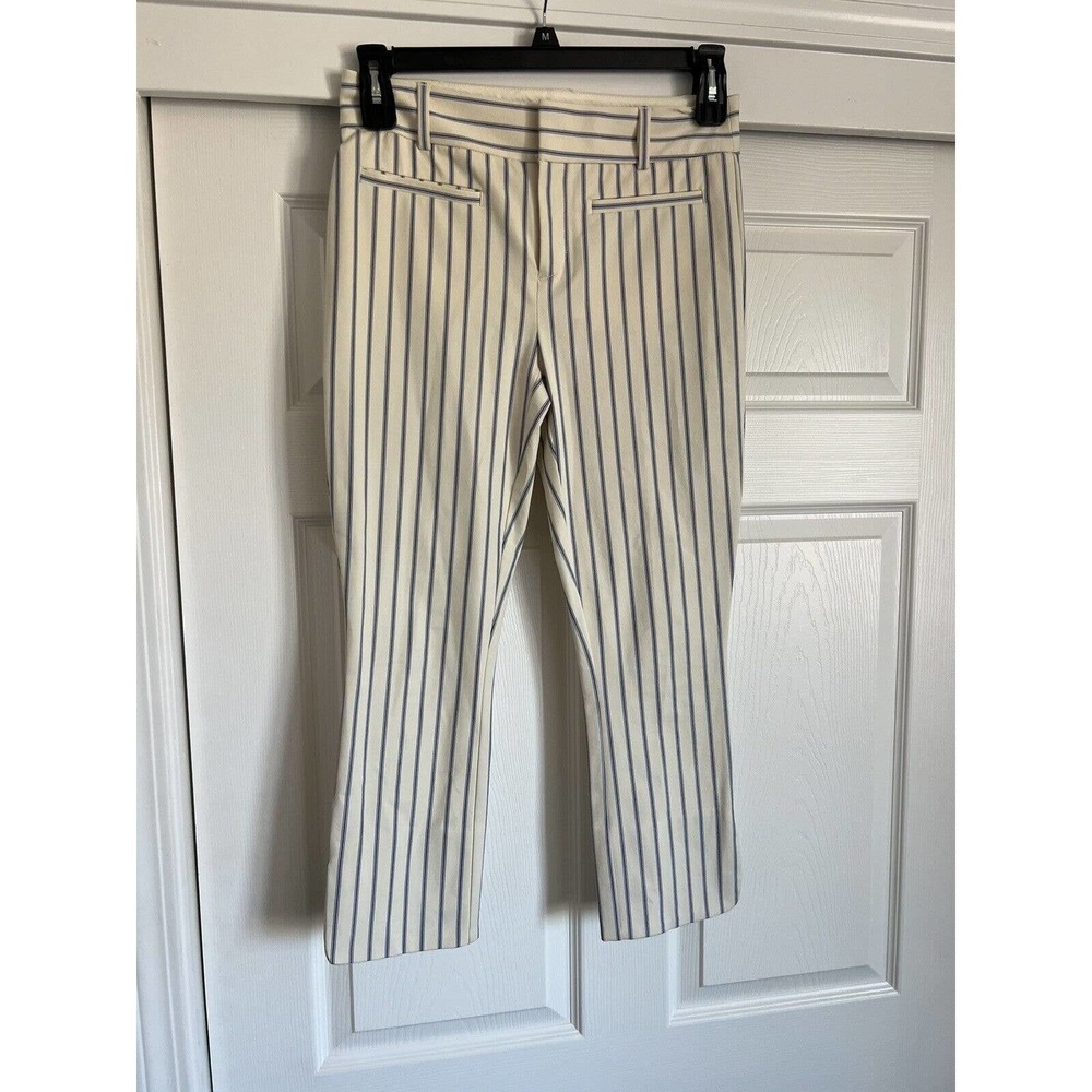 ANTHROPOLOGIE The Essential Slim Striped Cropped Pants Stretch Cream/Blue Size 2